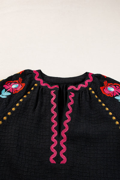 Black Floral Embroidered Ricrac Puff Sleeve Textured Blouse