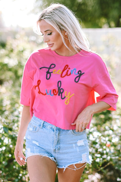 Bonbon Feeling Lucky Embroidered Letter Graphic Half Sleeve Top