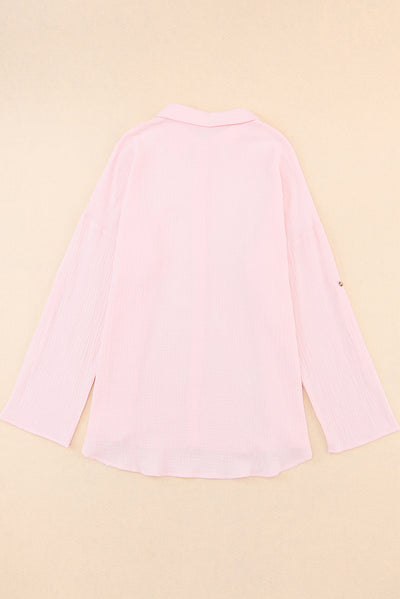 Pink Crinkle Texture Roll-tab Sleeve Shirt