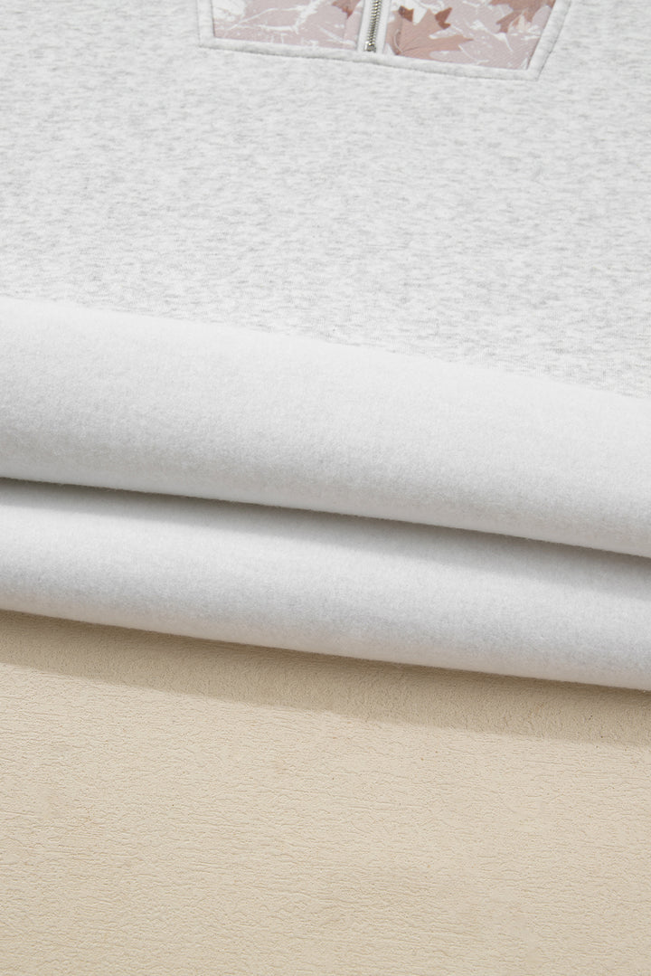 Gray Camo Leaves Patchwork Zipped Collar Pullover Plus Size Sweatshirt