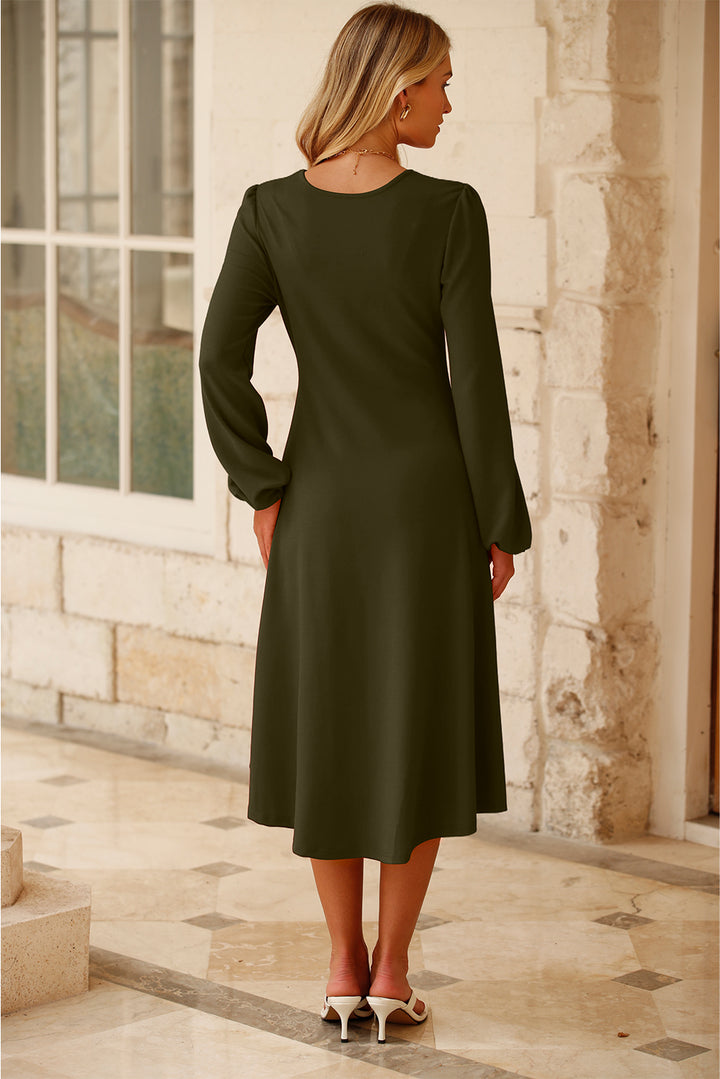 Jungle Green Solid Color Ruched Detail Long Sleeve Midi Dress