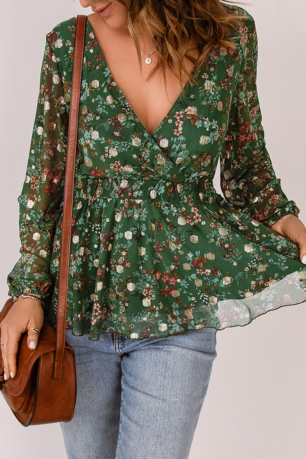 Green Floral Print Wrap V Neck Peplum Top