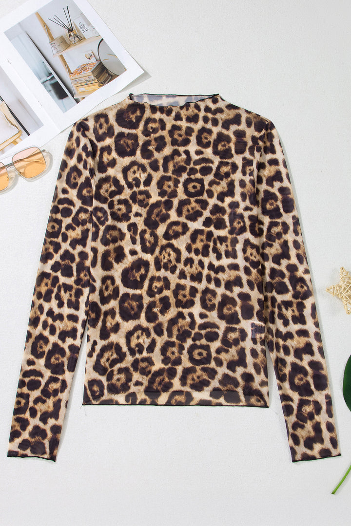 Camel Slim Fit Floral Mesh Long Sleeve Mock Neck Top