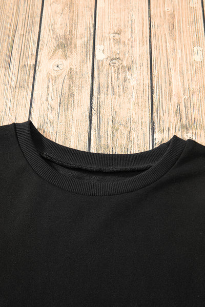 Black Solid O Neck High Low Hem Pullover Sweatshirt