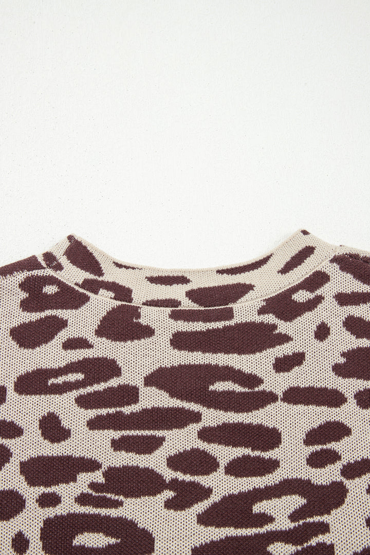 Khaki Leopard Print Short Sleeve Knit Loose Pullover Sweater