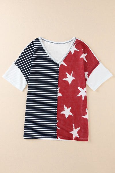 Blue Stripes Stars Print Knit Short Sleeves Top