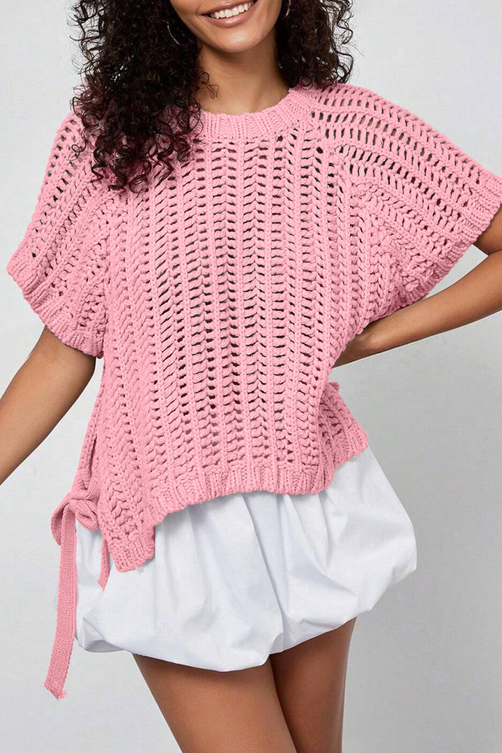 White Plus Size Open Knit Bow Tie Short Sleeve Sweater
