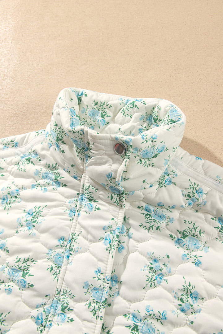 Sky Blue Floral Quilted Flounced Sleeve Casual Puffer Coat