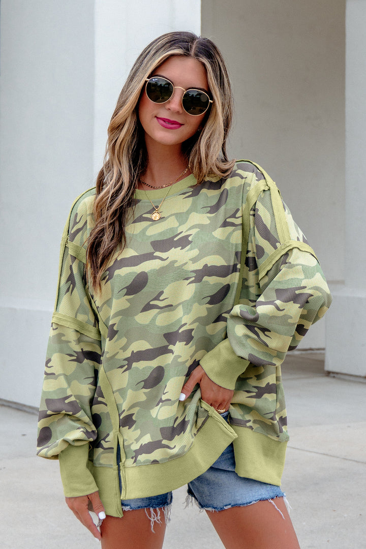 Green Camouflage Waffle Knit Raw Edge Contrast Trim Oversized Long Sleeve Top