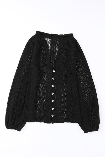 Black V-Neck Long Sleeve Button Up Lace Shirt