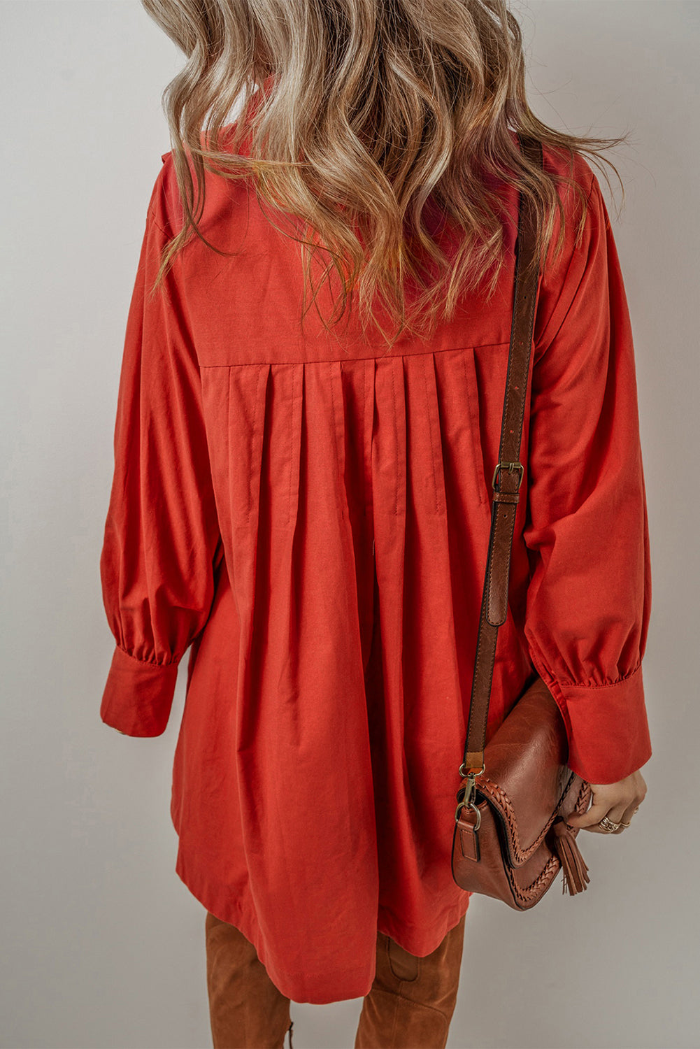 Tomato Red Bishop Sleeve Button Up Pleated Mini Shirt Dress