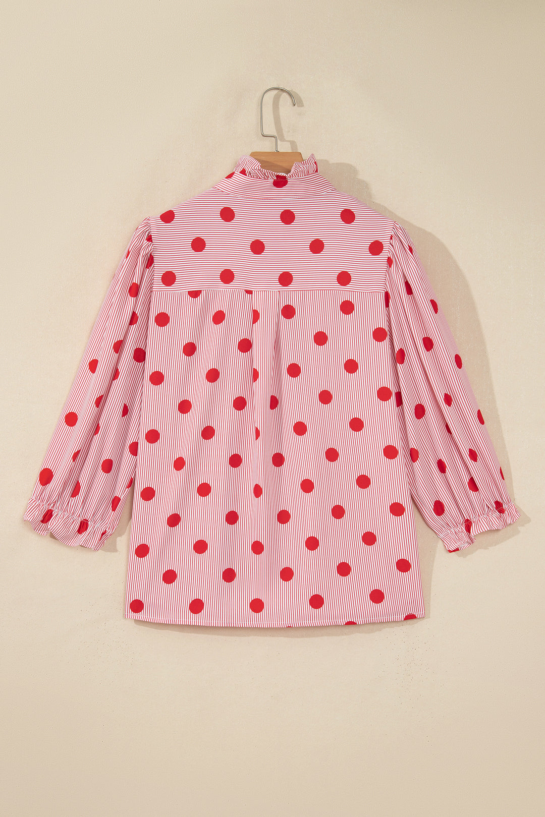 Black white Polka Dot Striped Print Ruffle Stand Neck 3/4 Sleeve Shift Shirt