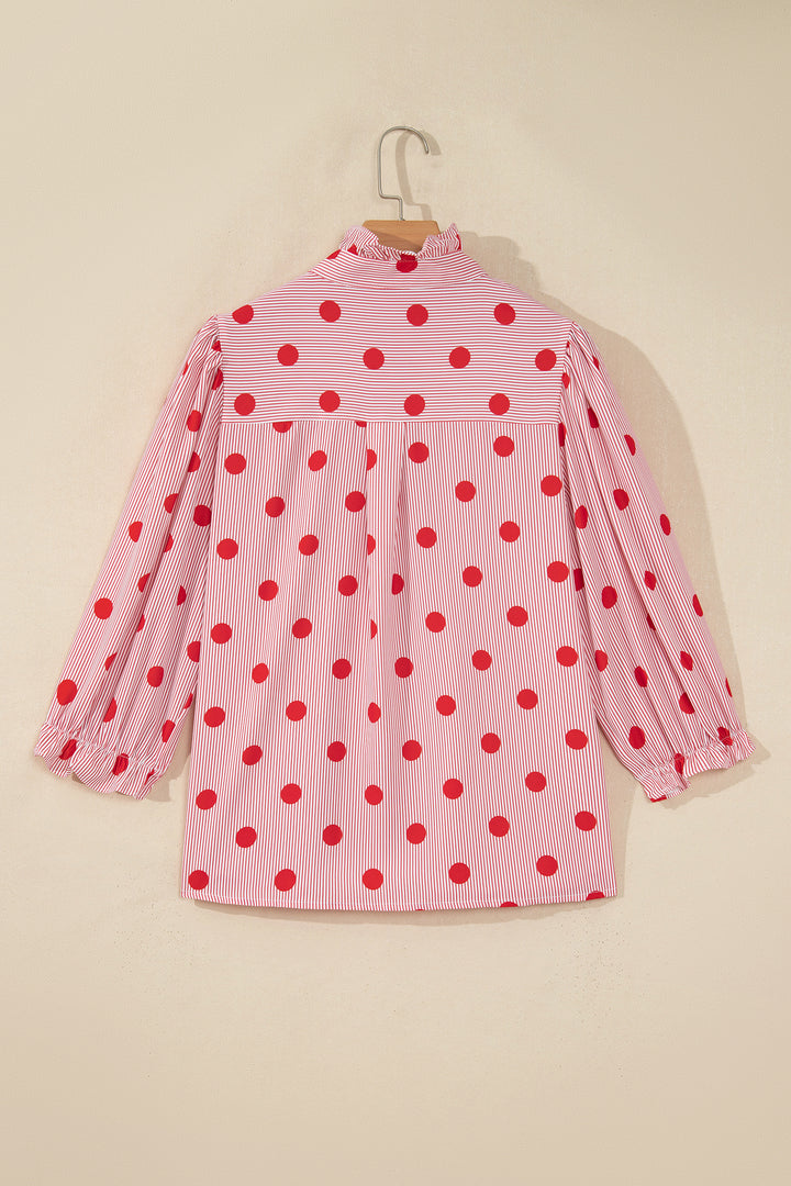 Black white Polka Dot Striped Print Ruffle Stand Neck 3/4 Sleeve Shift Shirt