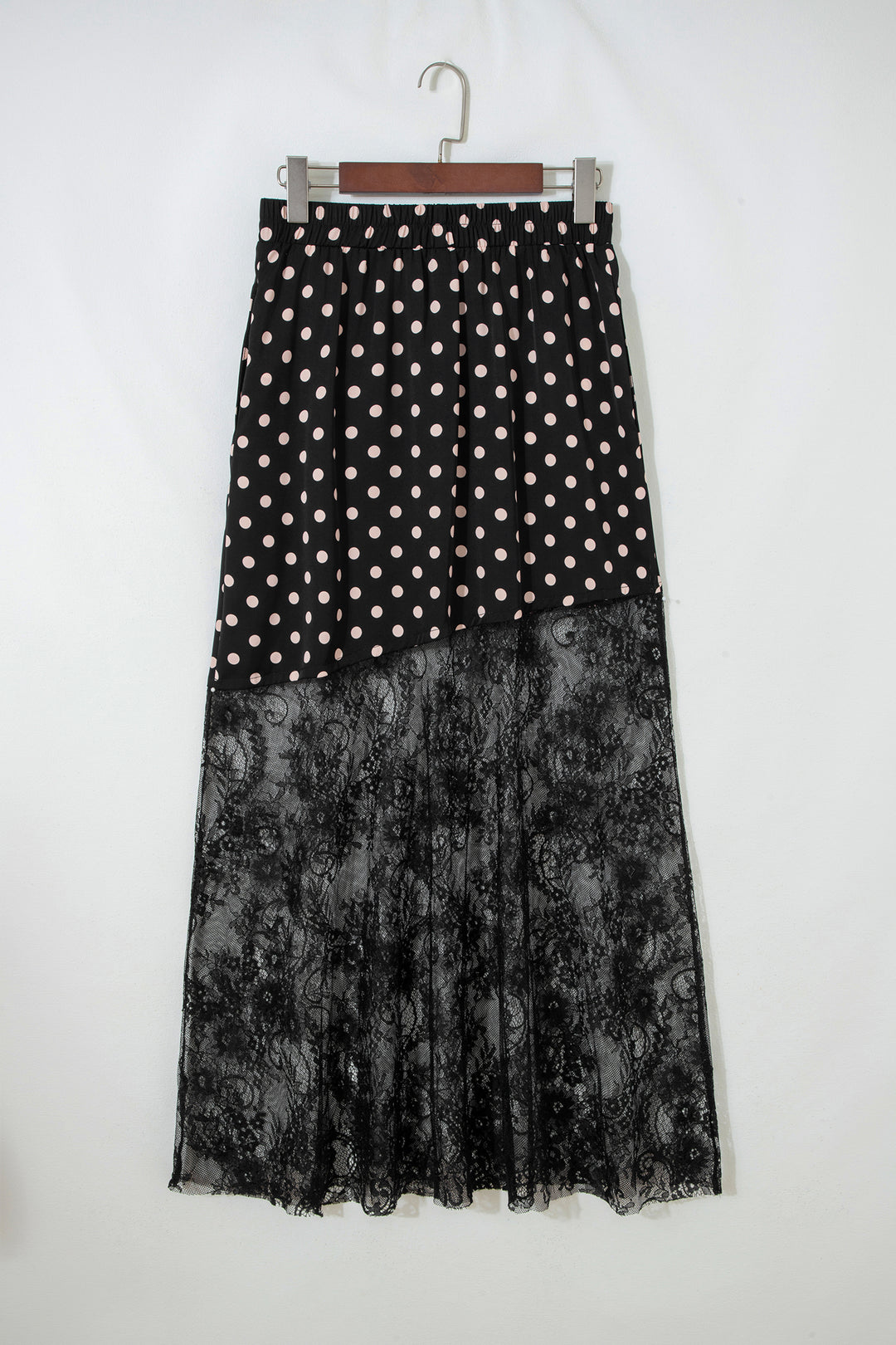 Black Asymmetric Polka Dot Print Sheer Lace Patchwork Maxi Skirt