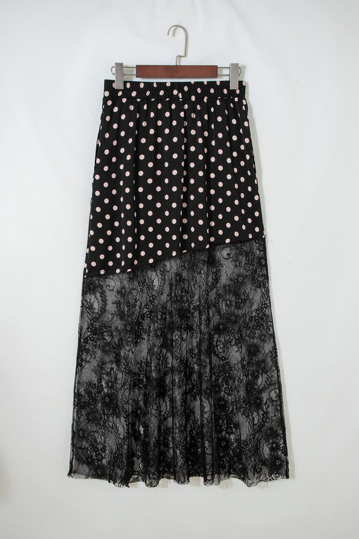 Black Asymmetric Polka Dot Print Sheer Lace Patchwork Maxi Skirt