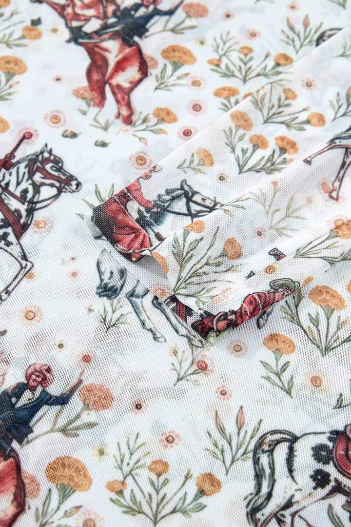 Beige Western Cowboy Floral Print Sheer Mesh Long Sleeve Top