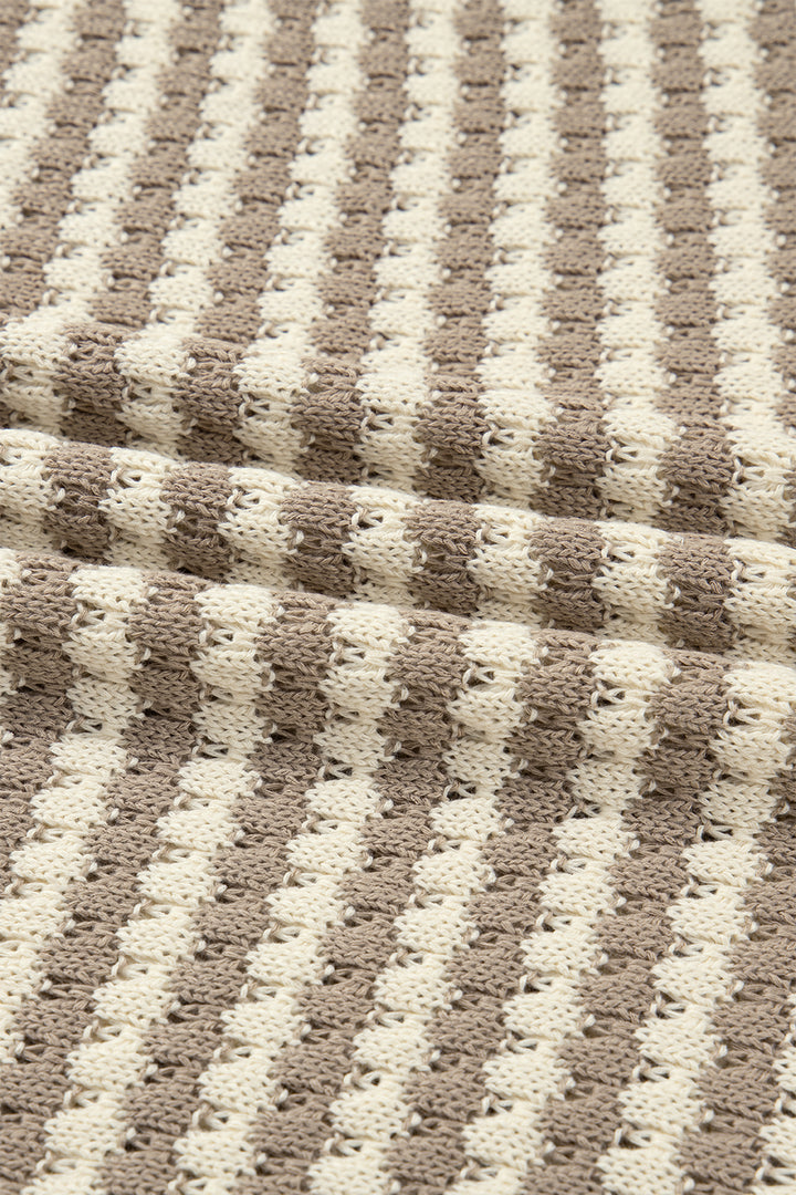 Khaki Stripe Plus Size V Neck Drop Shoulder Sweater