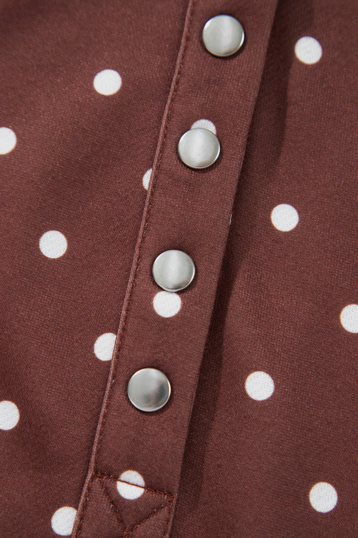 Pink Polka Dot Print Metal Button Collar Casual Pullover Sweatshirt