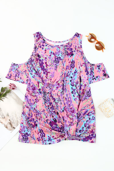 Multicolor Lavender Floral Print Cold Shoulder Blouse