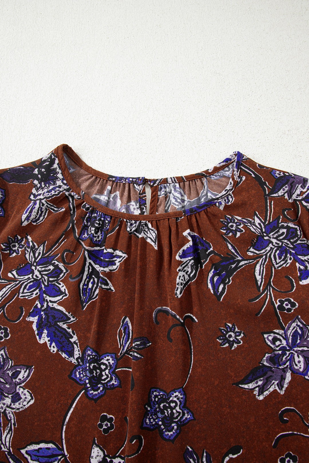 Brown Autumn Floral Print Smocked Cuffs Shift Blouse