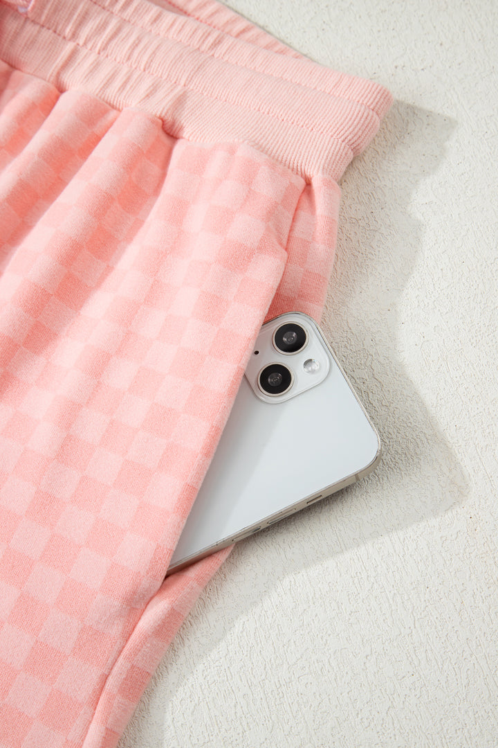 Pink Checkerboard Long Sleeve Pullover and Shorts Set