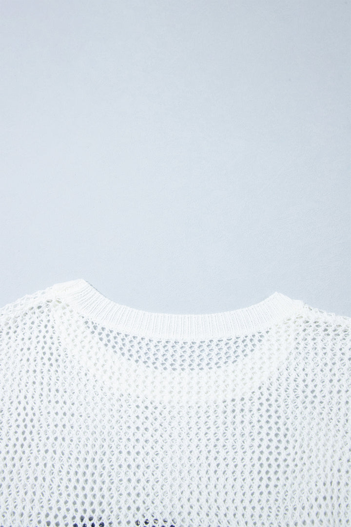 White Chenille BEACH Lettering Hollow Out Knit Casual Sweater