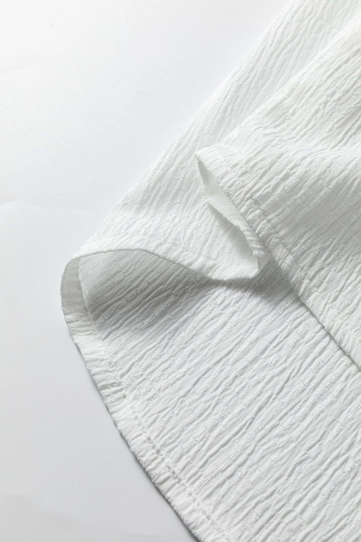 White Crinkled Texture Lantern Sleeve Button Down Loose Shirt