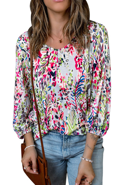 Green Floral Print Puffy Sleeve Loose Blouse