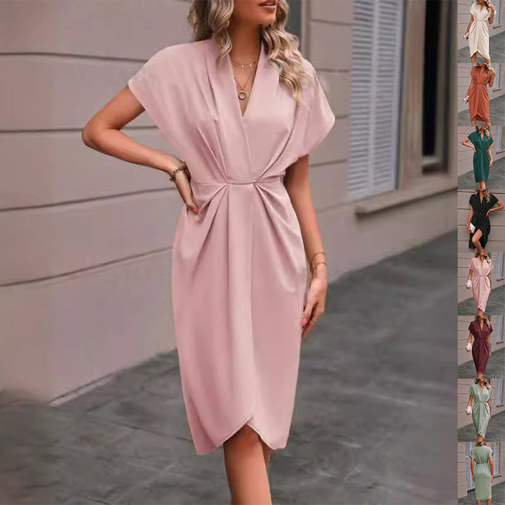 Pleated A-Line Midi Dress – V-Neck Sleeveless Summer Dress