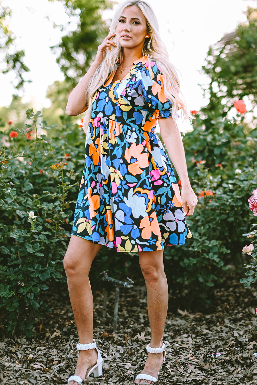 Alena Collared Split Neck Floral Flared Dress