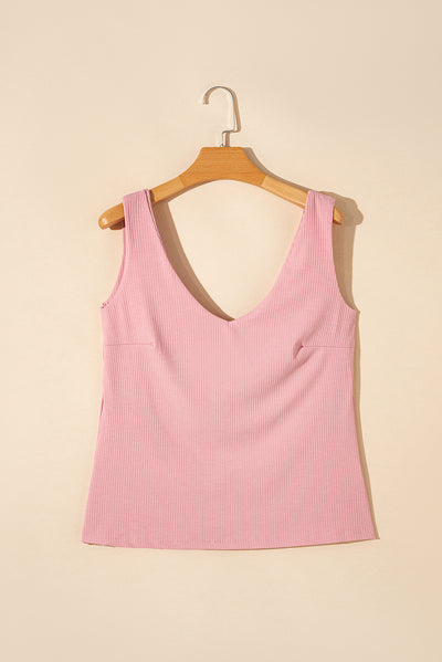 Light Pink V Neck Rib Textured Tank Top