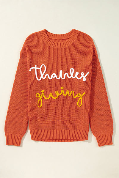 Gold Flame Thanks Giving Letter Graphic Crew Neck Sweater