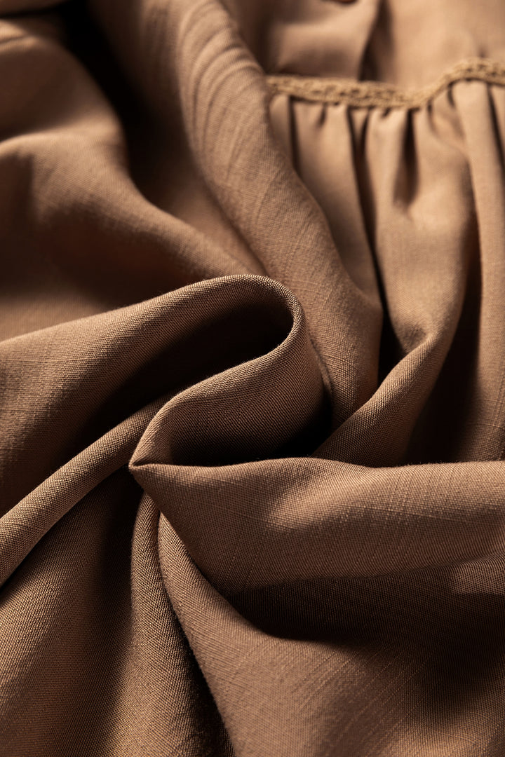 Straw Yellow Lace Trim Peter Pan Collar Long Sleeve Mini Shirt Dress