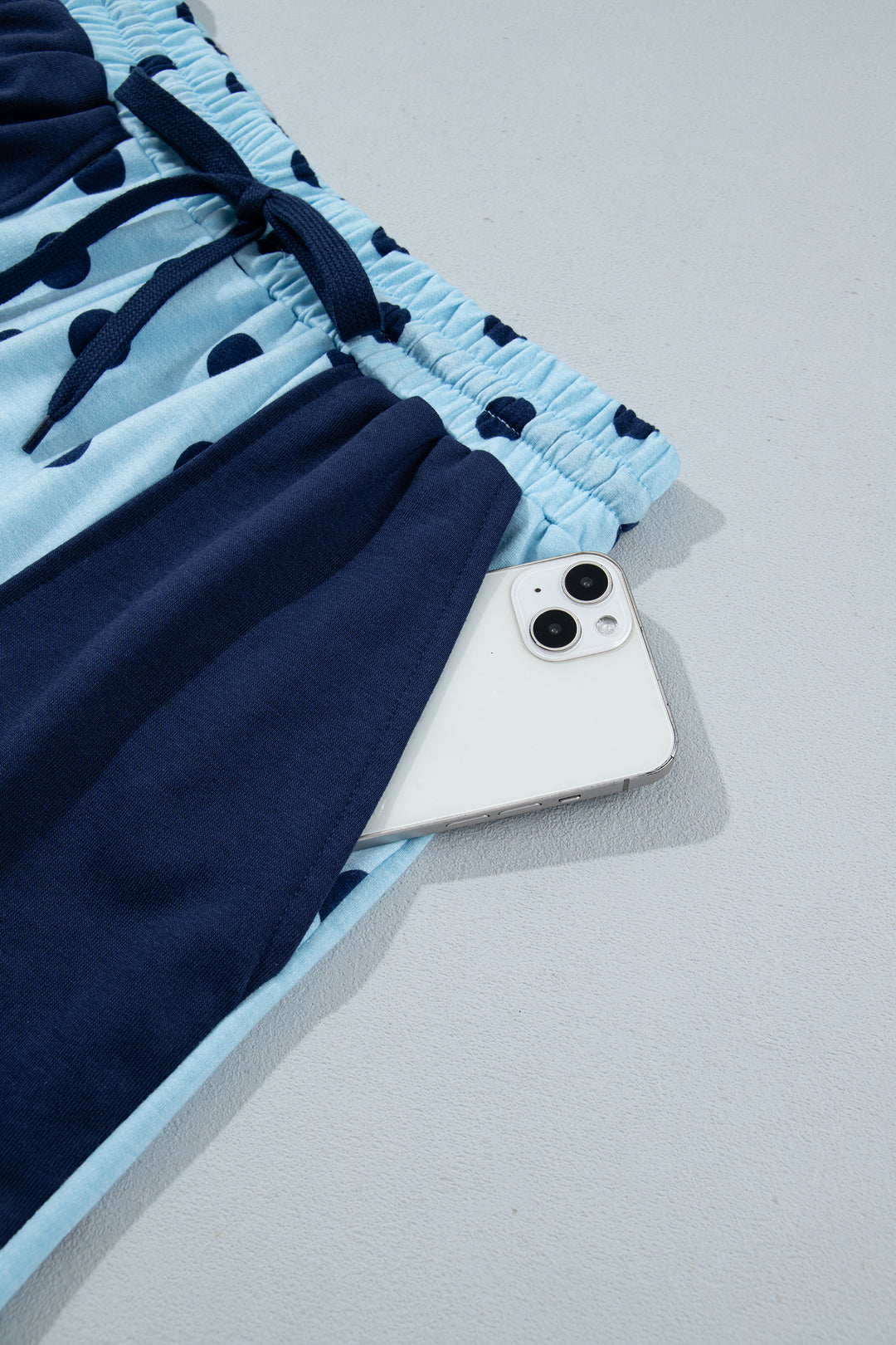 Sky Blue Polka Dot Drop Shoulder Polo Loose Pullover Patch Pocket Casual Shorts Set