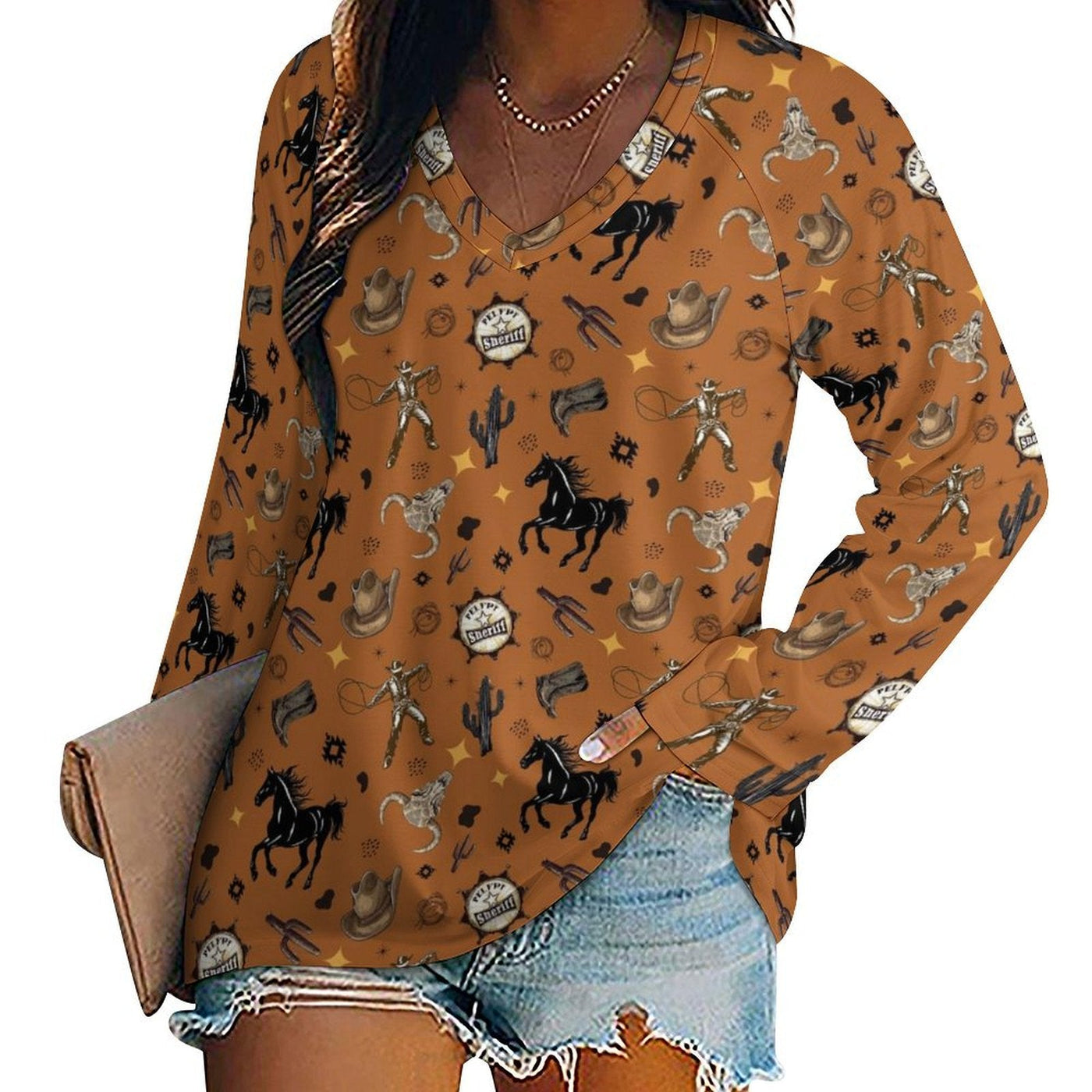 Baha Ranch Western Print Long Sleeve Top