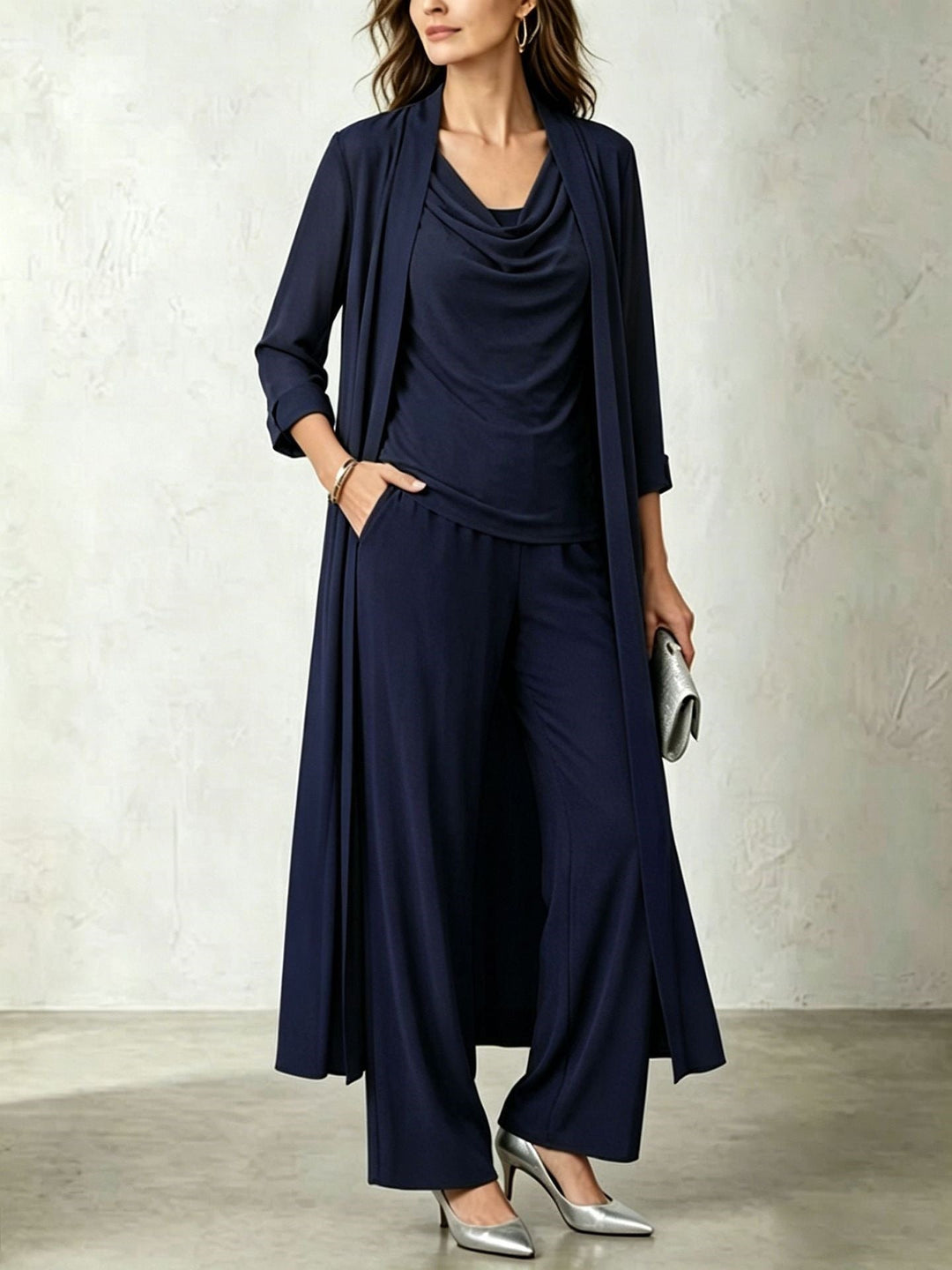 Long Sleeve Swing Collar Cardigan &amp; Wide-Leg Pants Three-Piece Set