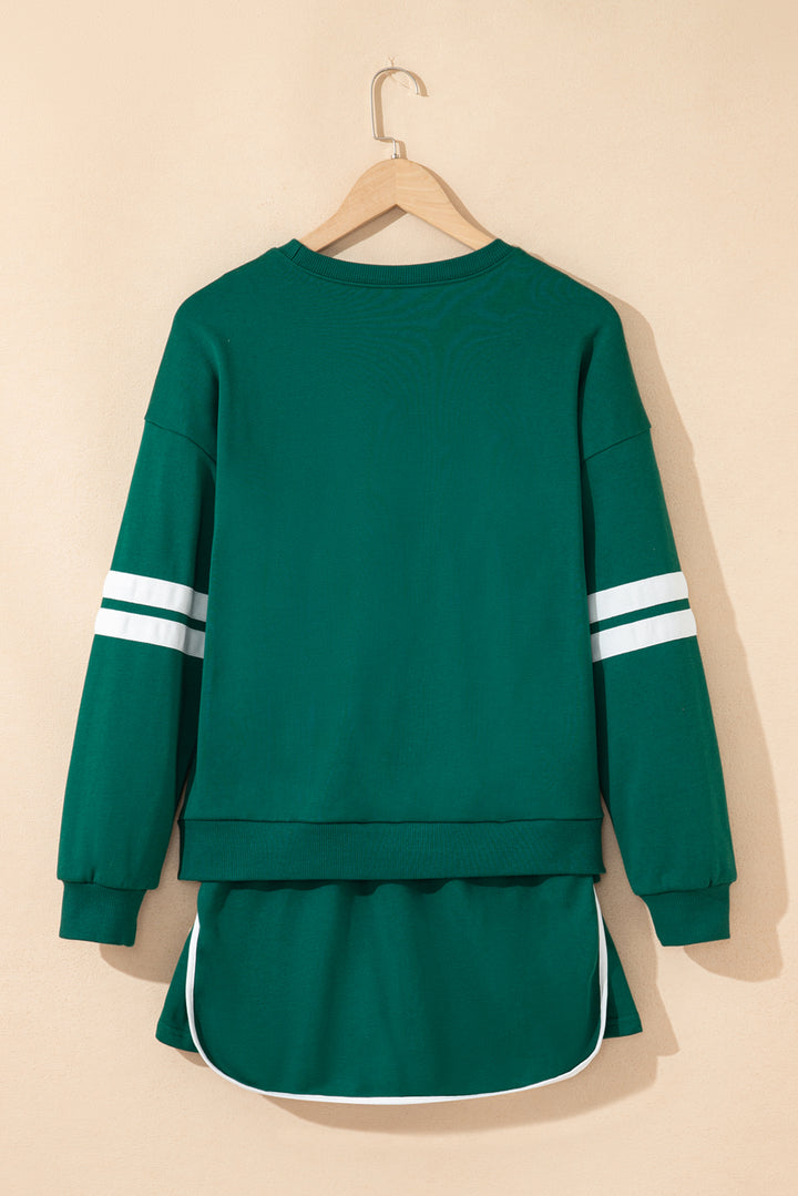 Orange Varsity Stripe Detail Drop Shoulder Pullover Mini Skirt Set