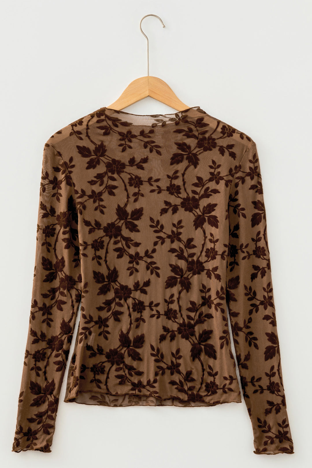 Apricot Floral Mesh Long Sleeve Round Neck Casual Sheath Top
