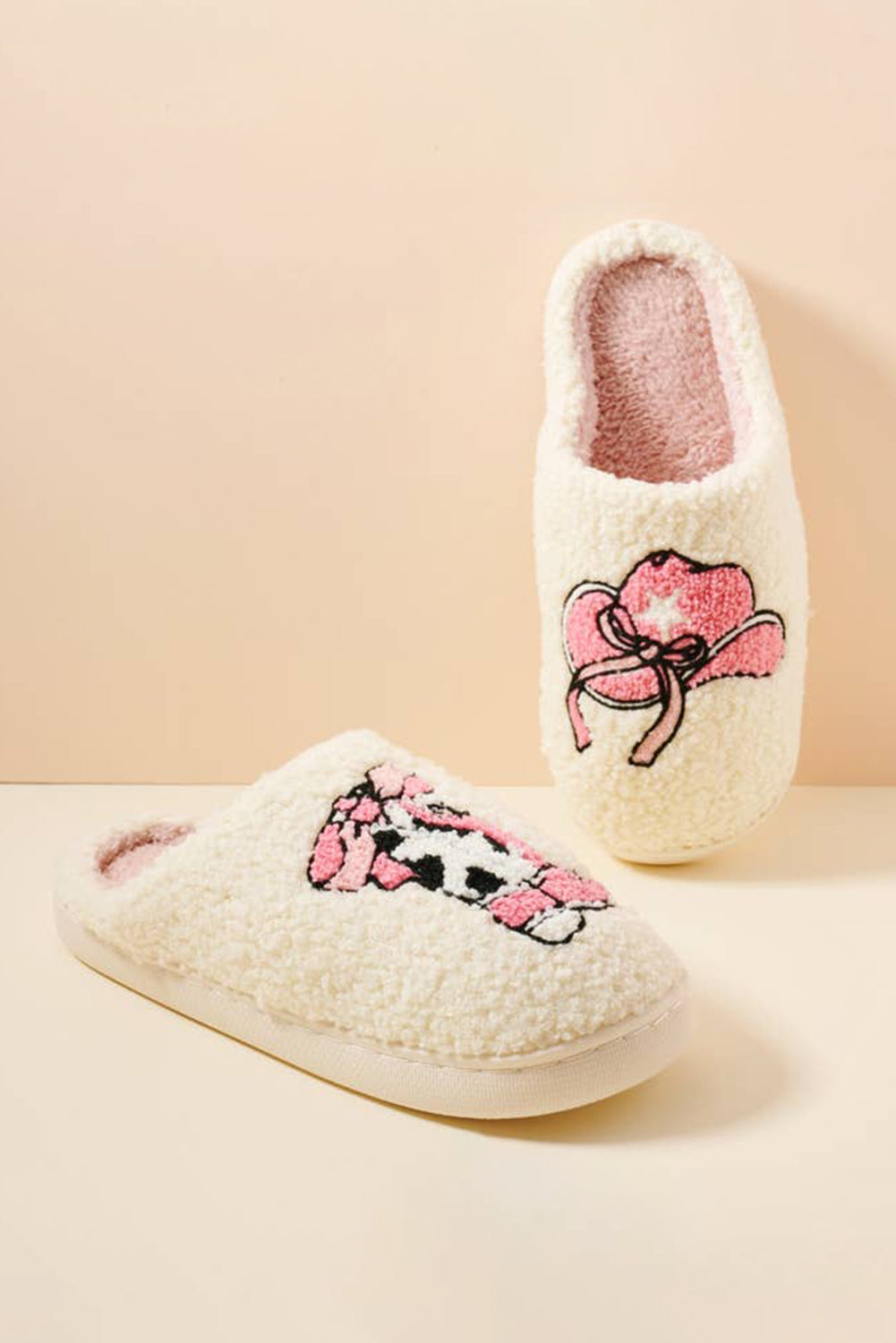 White Cowgirl Hat &amp; Boot Printed Plush Thermal Home Slippers