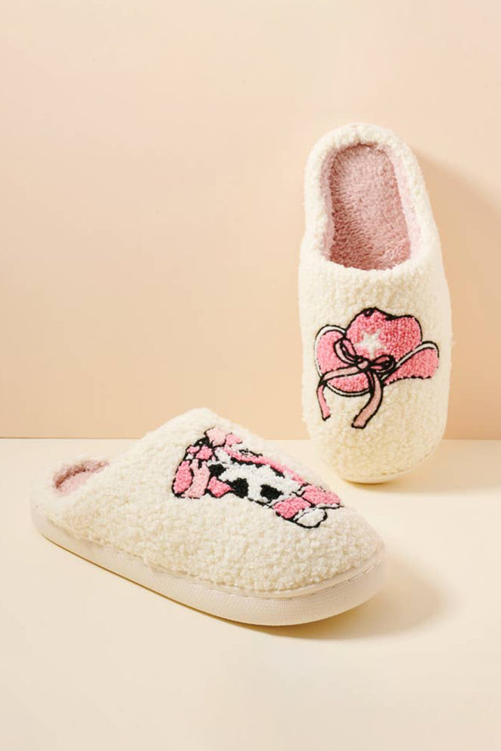 White Cowgirl Hat &amp; Boot Printed Plush Thermal Home Slippers