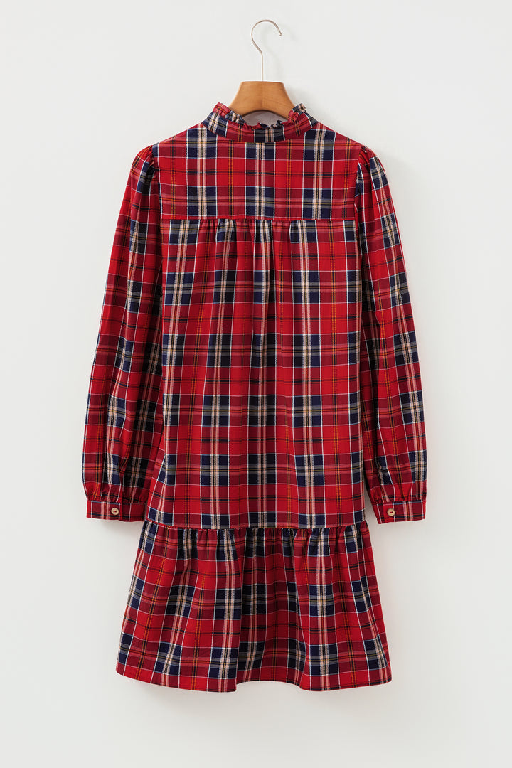 Red Plaid Print Frilly Collar Long Sleeve Shift Mini Dress