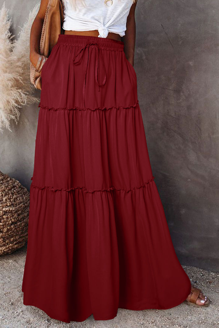 Fiery Red Black Frill Tiered Drawstring Waist Maxi Skirt