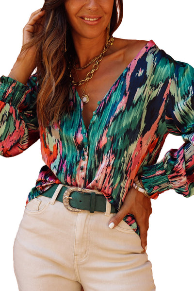 Green V Neck Abstract Print Long Sleeve Shirt