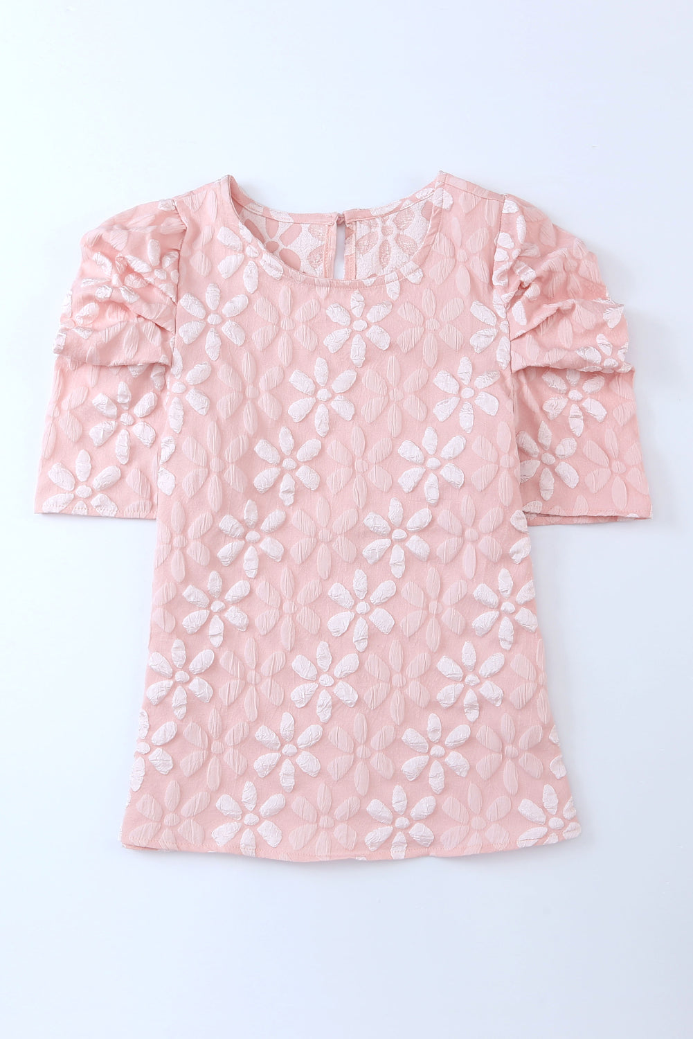 Pink Floral Lace Ruched Bubble Sleeve Top