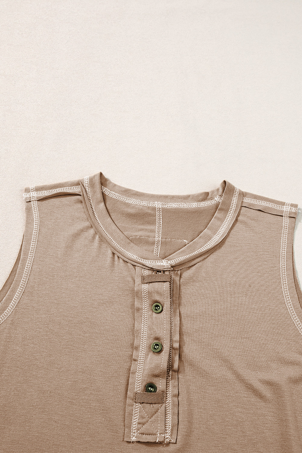 Light French Beige Contrast Stitching Exposed Seam Henley Tank Top