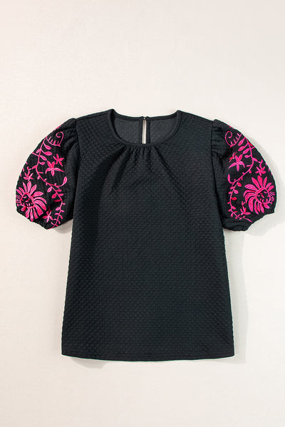 Black Floral Embroidered Textured Puff Sleeve T Shirt