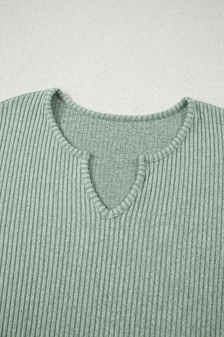 Grass Green Ribbed Notched Neck Knit Long Sleeve Leggings Two Pieces Lounge Set