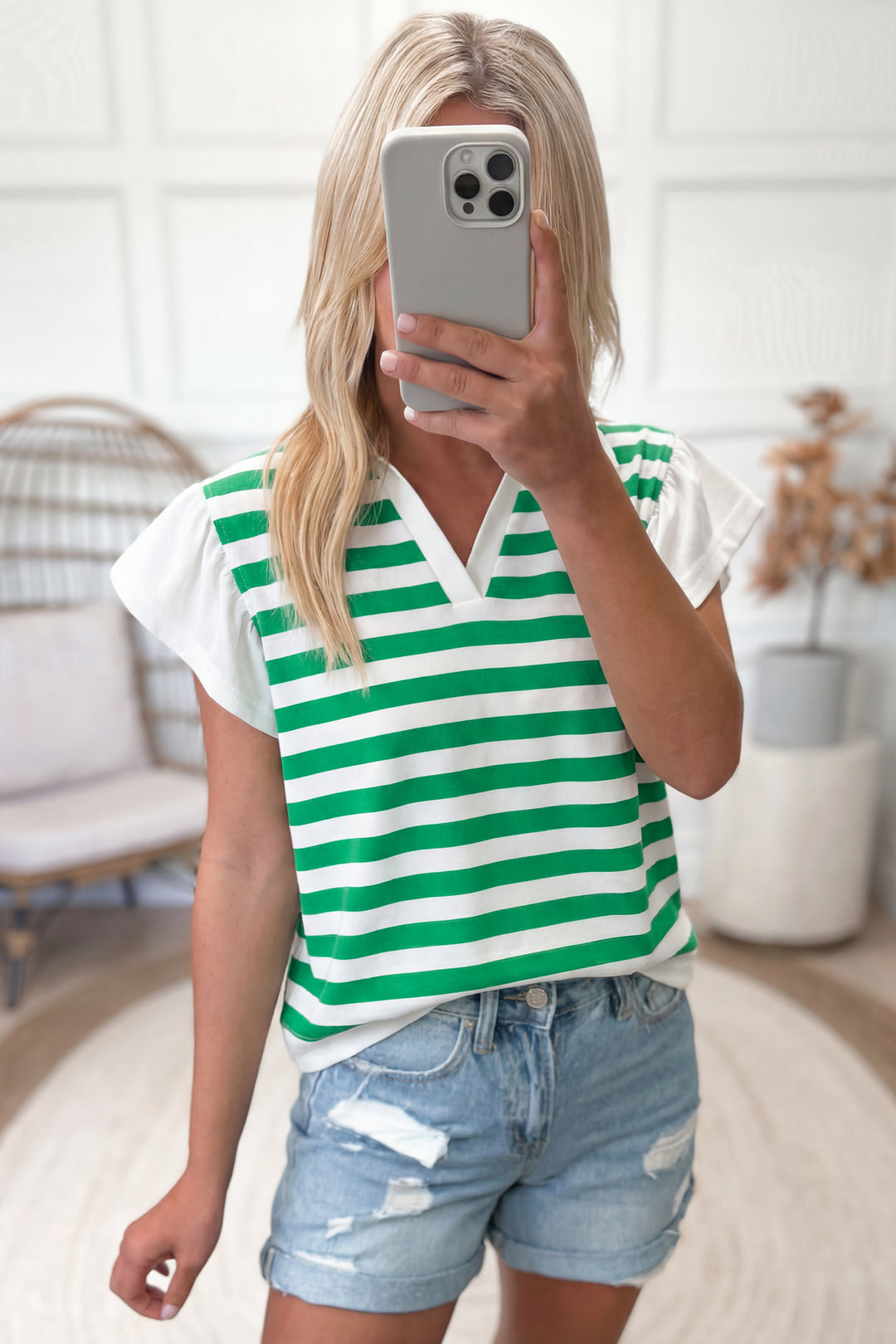 Black Stripe Collar V Neck Ruffled Short Sleeve Blouse