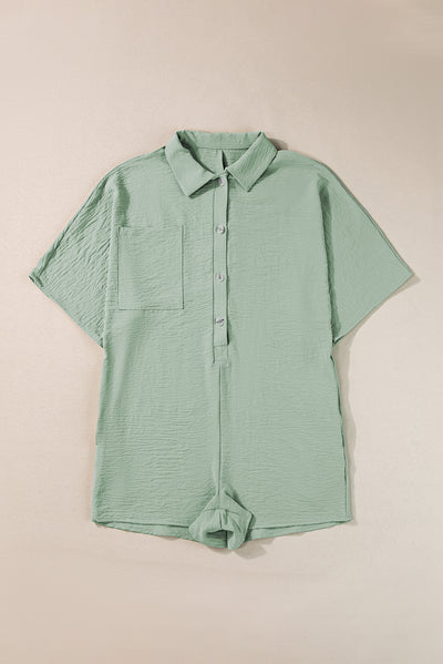 Spinach Green Half Button Collared Loose Romper