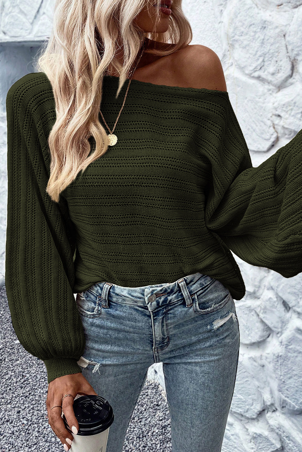 Jungle Green Lantern Sleeve Eyelets Textured Knit Sweater